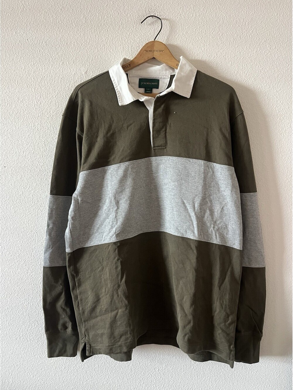J.Crew Olive Green Grey Striped Rugby Polo Shirt Medium Tall